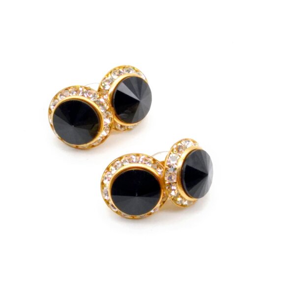 Vintage Black and White Double Circle Earrings, Black Faceted Rivoli Crystals - Picture 4 of 5